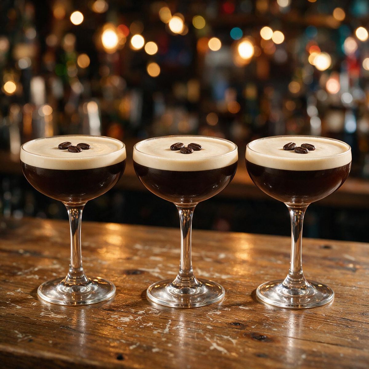 Espresso martinis with coffee bean garnish lined up on a wooden bar
