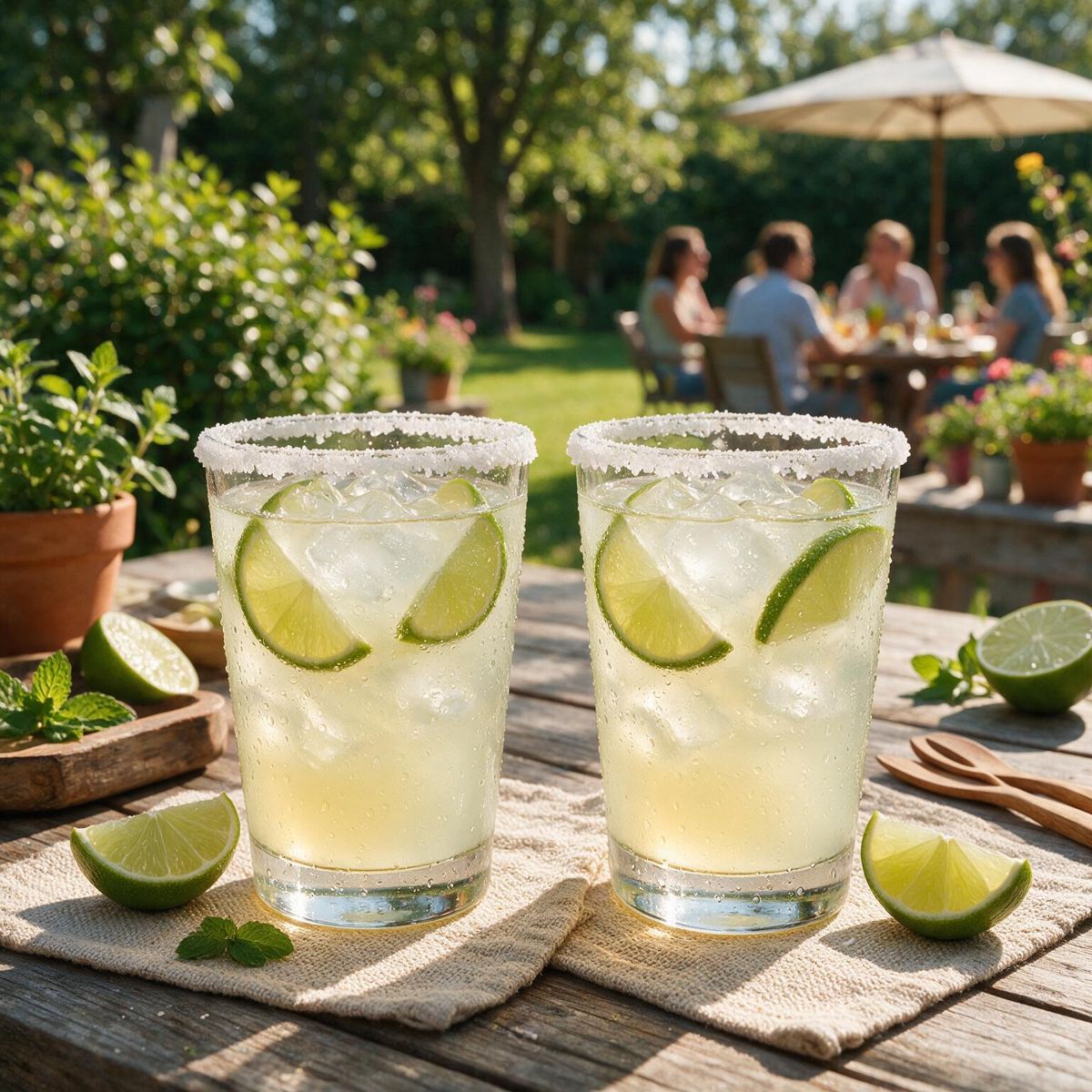 Fresh margaritas with salted rims and lime wheels at a summer party