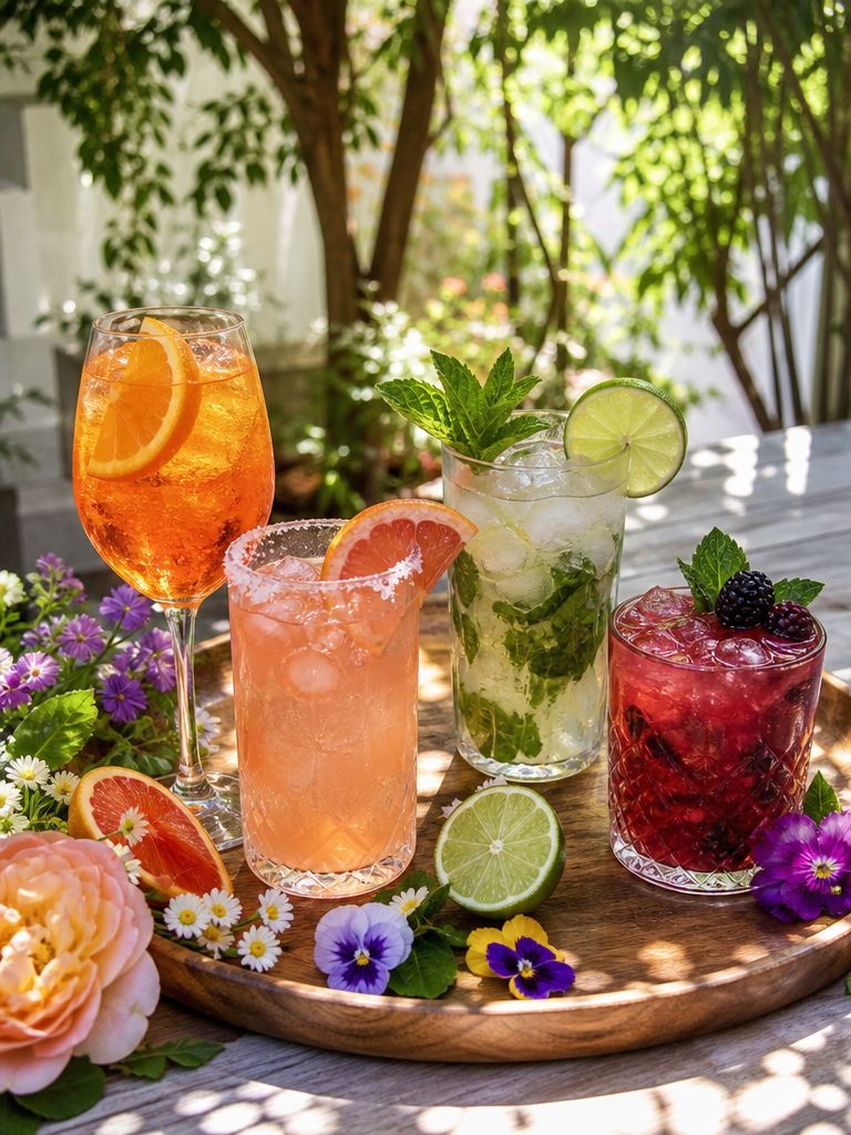 Wooden tray of colorful summer cocktails surrounded by flowers